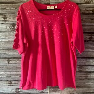 Quacker Factory Women's Short-Sleeved Top Size L Pink Cutout Embellished NWT